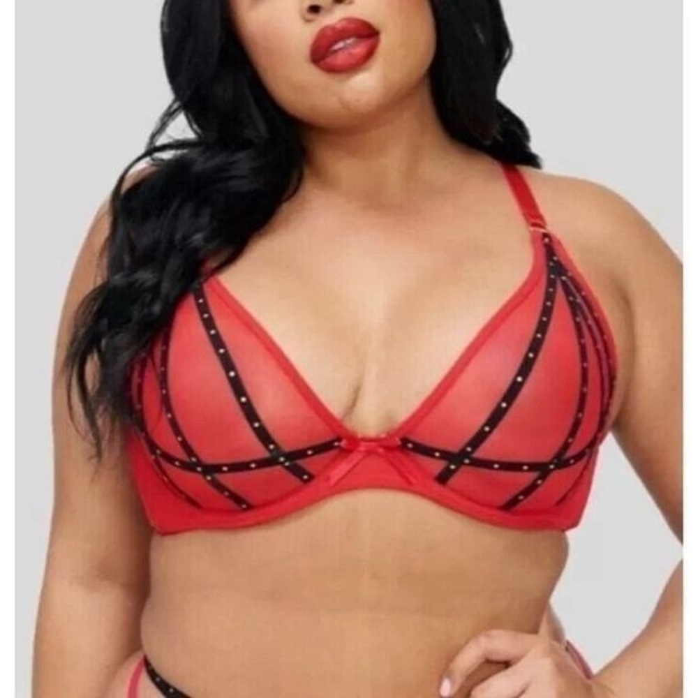NWT Fredericks Of Hollywood Lingerie Sexy Sheer Rozlyn Red/Black Studded Bra 40C